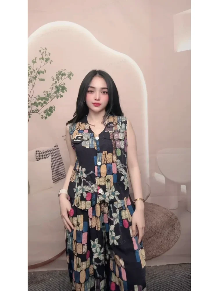 FADFAD Setelan wanita dua potong atasan rompi tanpa lengan dengan kancing dan celana panjang lebar