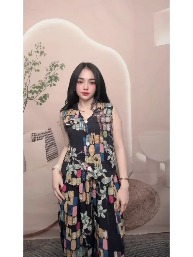 FADFAD Setelan wanita dua potong atasan rompi tanpa lengan dengan kancing dan celana panjang lebar