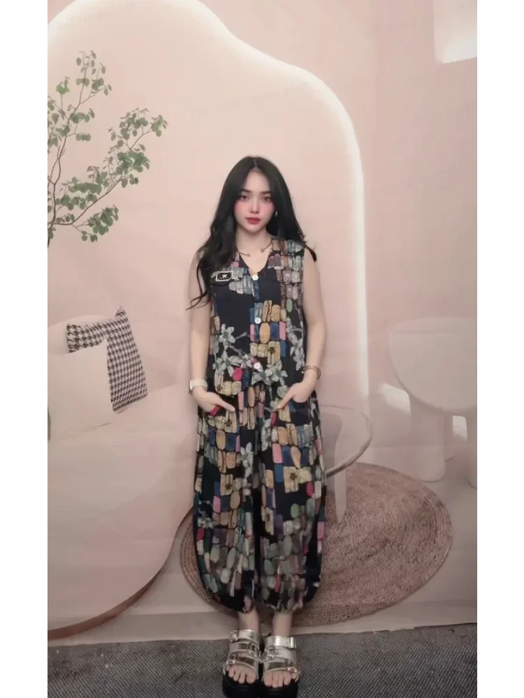 FADFAD Setelan wanita dua potong atasan rompi tanpa lengan dengan kancing dan celana panjang lebar