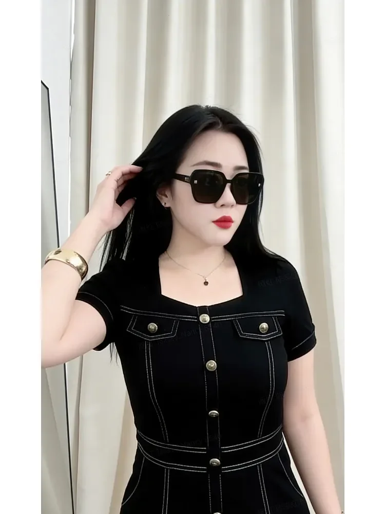 FADFAD Gaun hitam elegan potongan ramping gaya retro terbaru