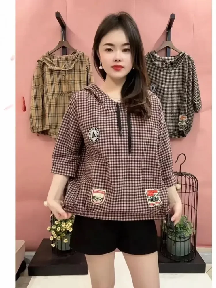 FADFAD Atasan blouse half sleeve model longgar denganhoded motif kotak