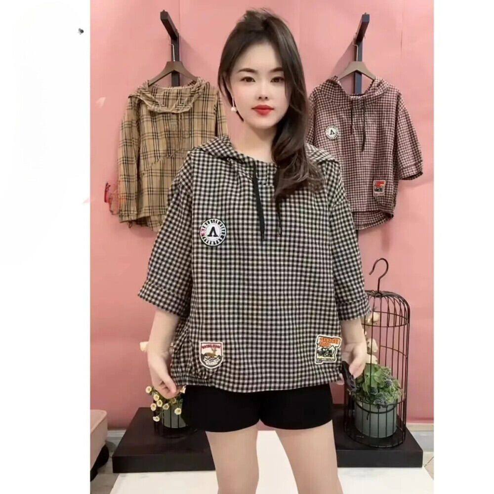 FADFAD Atasan blouse half sleeve model longgar denganhoded motif kotak