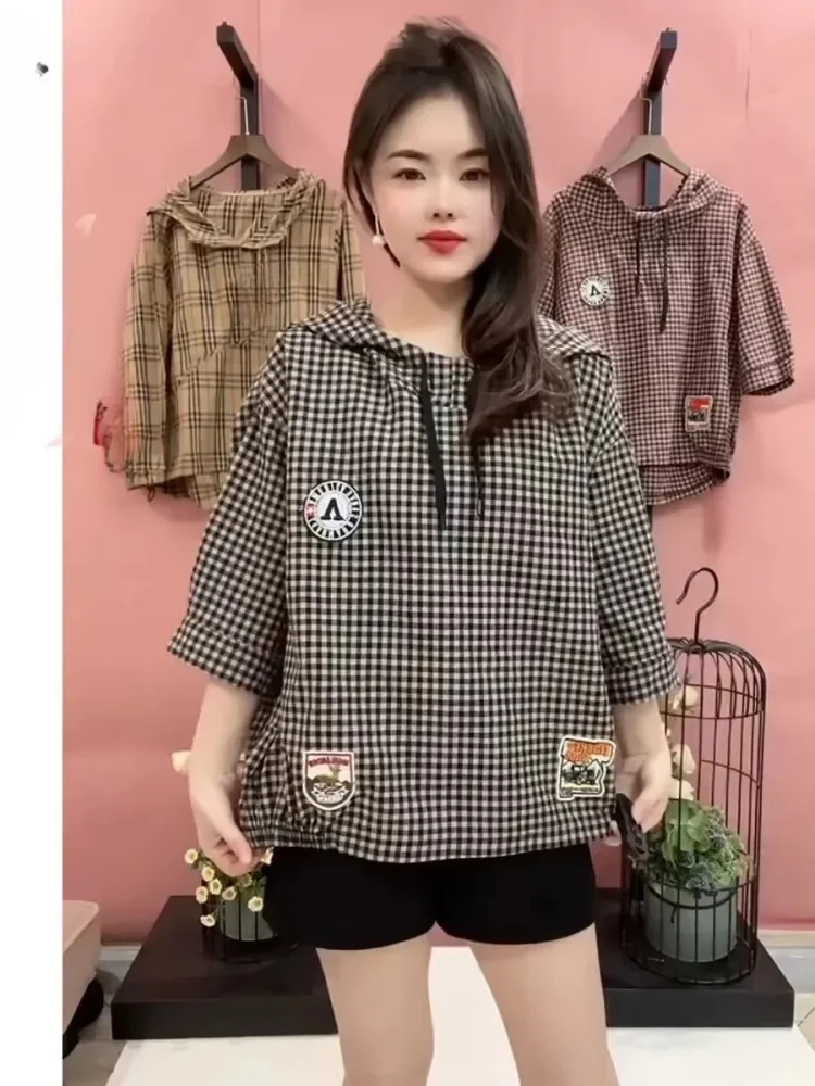 FADFAD Atasan blouse half sleeve model longgar denganhoded motif kotak