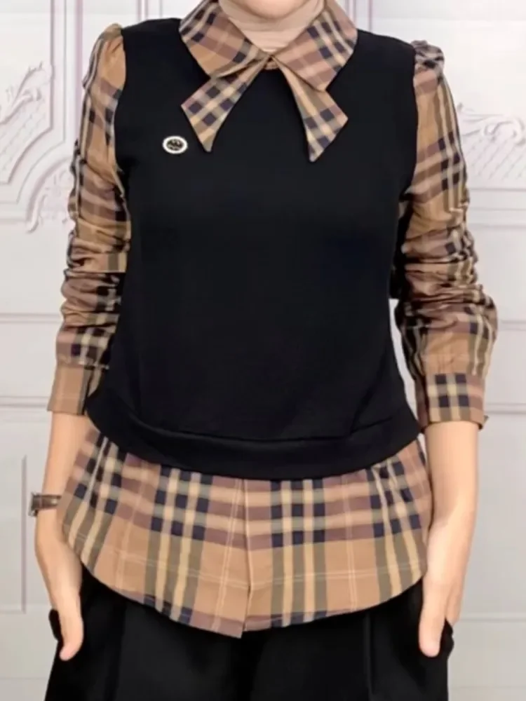 FADFAD Atasan blouse model dua potong palsu dengan motif kotak-kotak