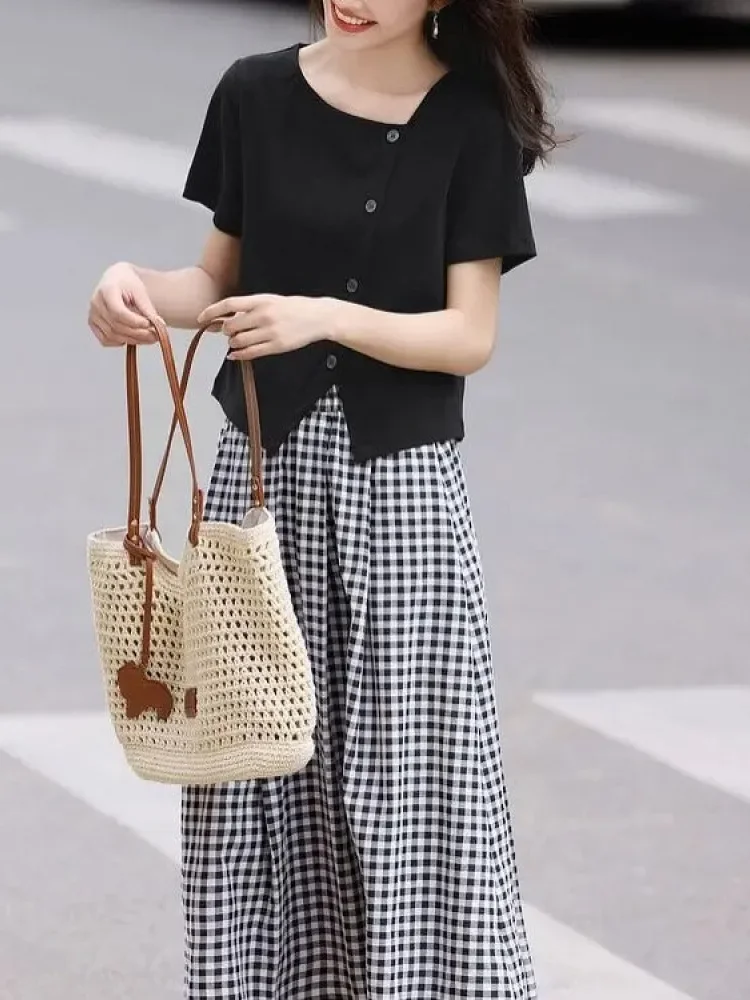 FADFAD Setelan wanita dua potong atasan kemeja lengan pendek warna solid dan rok panjang model a-line motif kotak