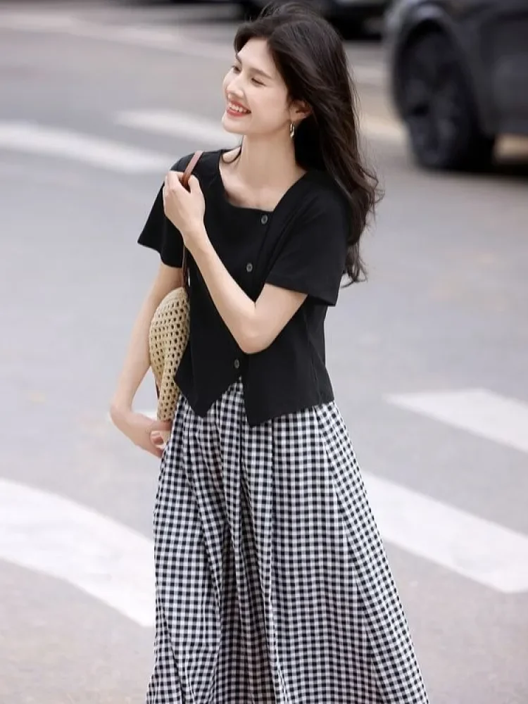 FADFAD Setelan wanita dua potong atasan kemeja lengan pendek warna solid dan rok panjang model a-line motif kotak