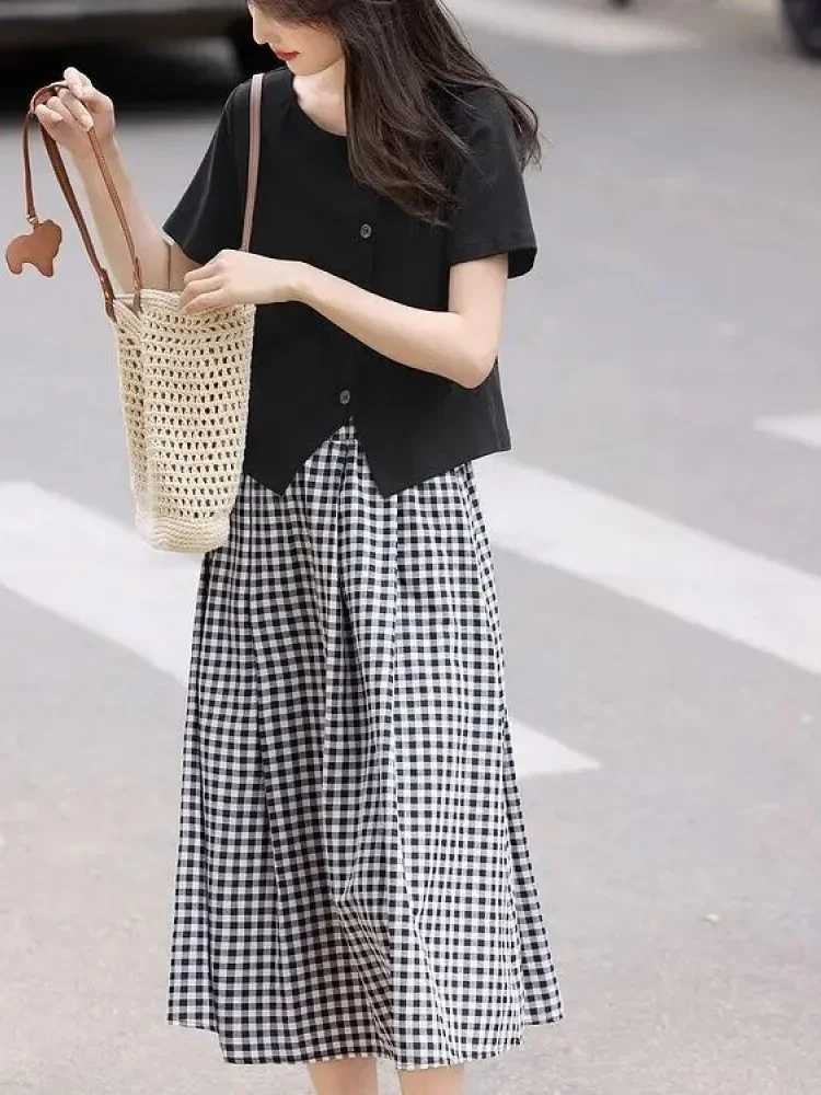 FADFAD Setelan wanita dua potong atasan kemeja lengan pendek warna solid dan rok panjang model a-line motif kotak