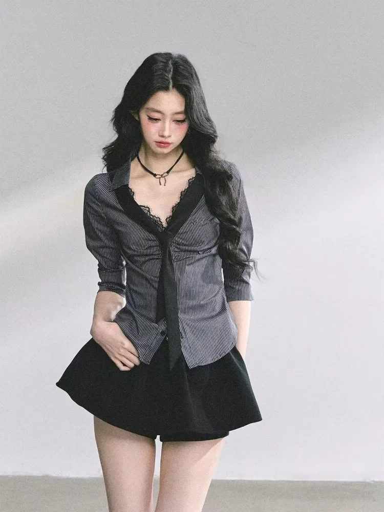 FADFAD Atasan kemeja dengan lengan tiga perempat untuk wanita