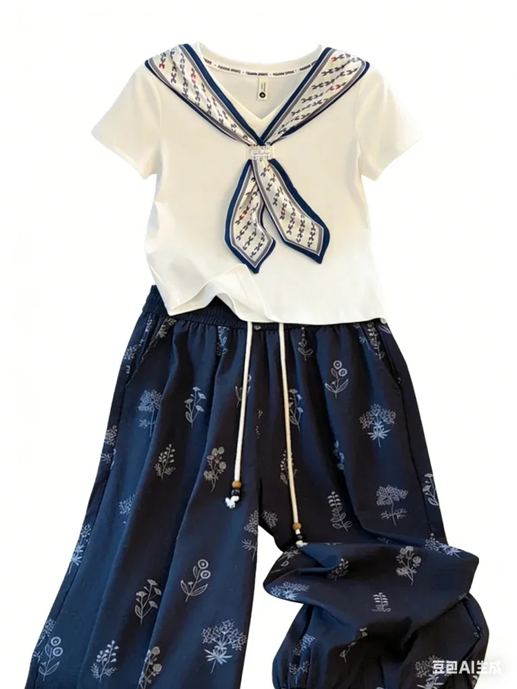 FADFAD Setelan wanita dua potong korean style atasan blouse lengan pendek motif cantik + celana panjang kekinian