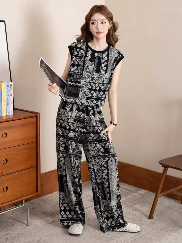 FADFAD Setelan tanpa lengan dengan bawahan celana panjang motif cetak untuk wanita