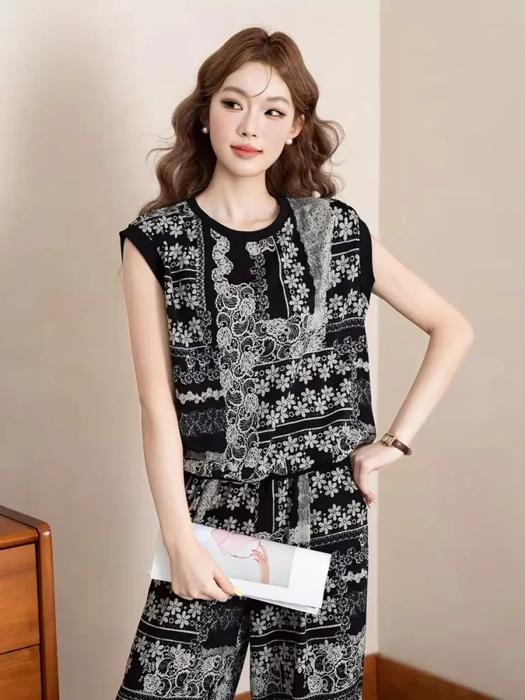 FADFAD Setelan tanpa lengan dengan bawahan celana panjang motif cetak untuk wanita