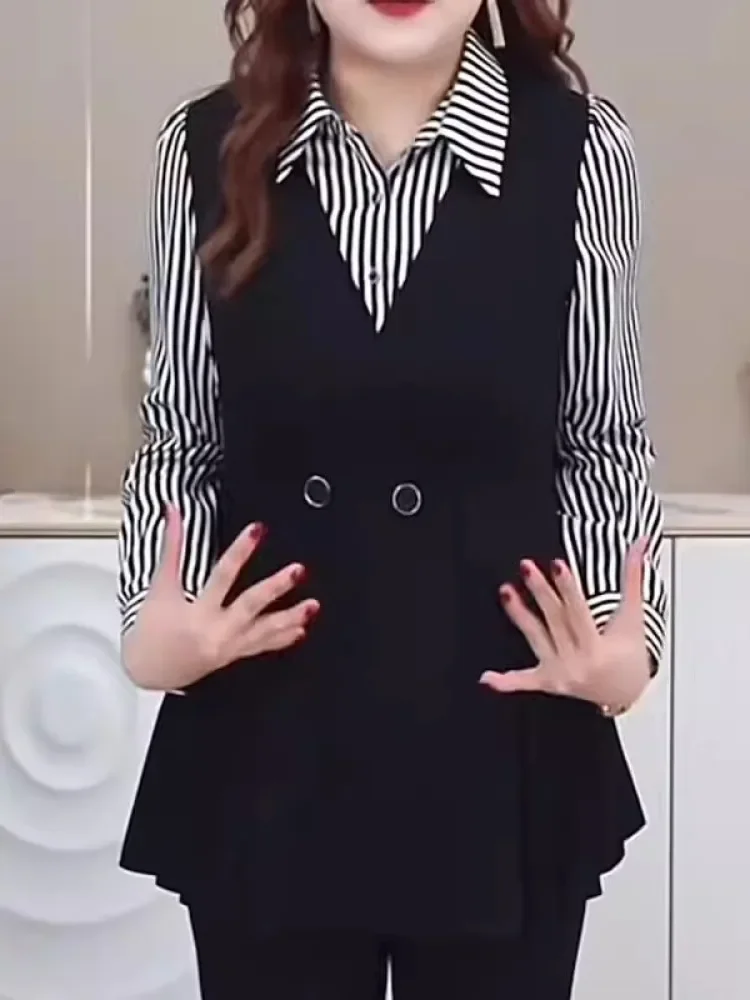 FADFAD Atasan kemeja lengan panjang motif garis - garis dengan gaya kasual untuk wanita