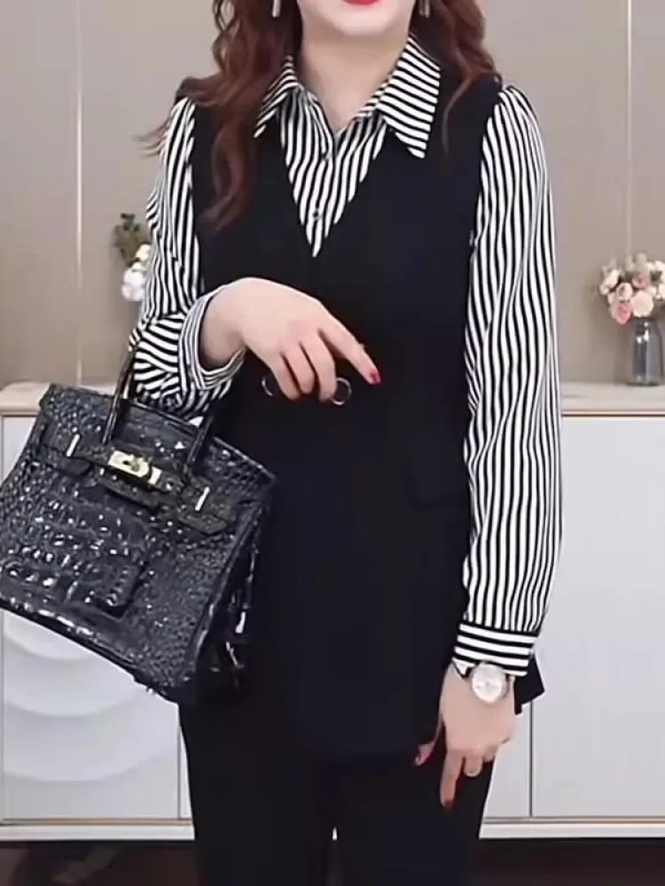 FADFAD Atasan kemeja lengan panjang motif garis - garis dengan gaya kasual untuk wanita