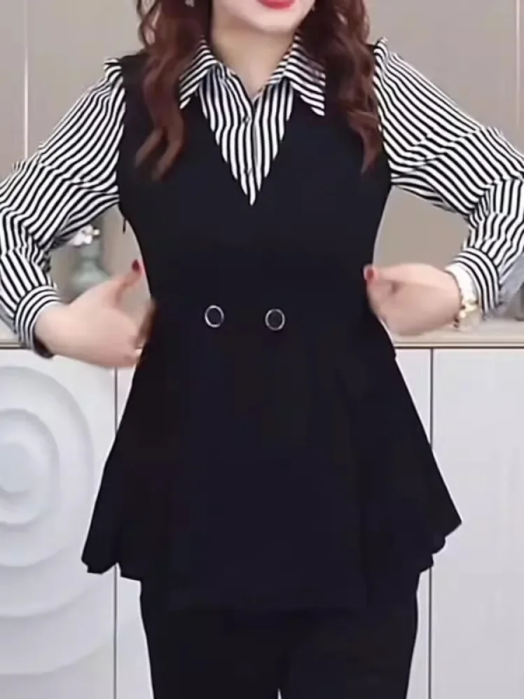 FADFAD Atasan kemeja lengan panjang motif garis - garis dengan gaya kasual untuk wanita
