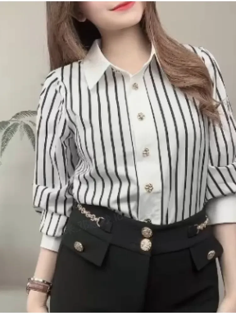 FADFAD Kemeja wanita lengan panjang bergaris kancing elegant gaya casual