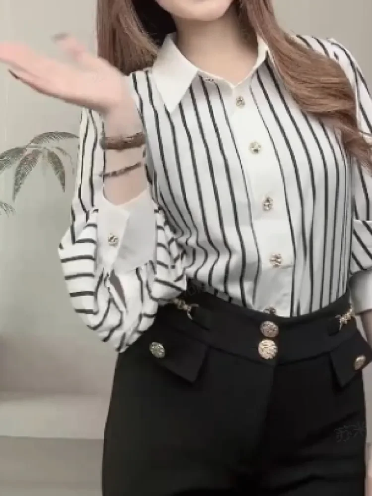 FADFAD Kemeja wanita lengan panjang bergaris kancing elegant gaya casual
