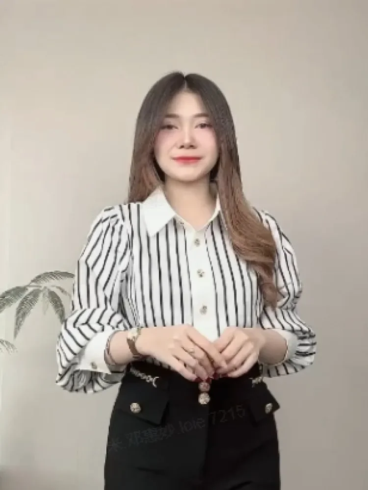FADFAD Kemeja wanita lengan panjang bergaris kancing elegant gaya casual