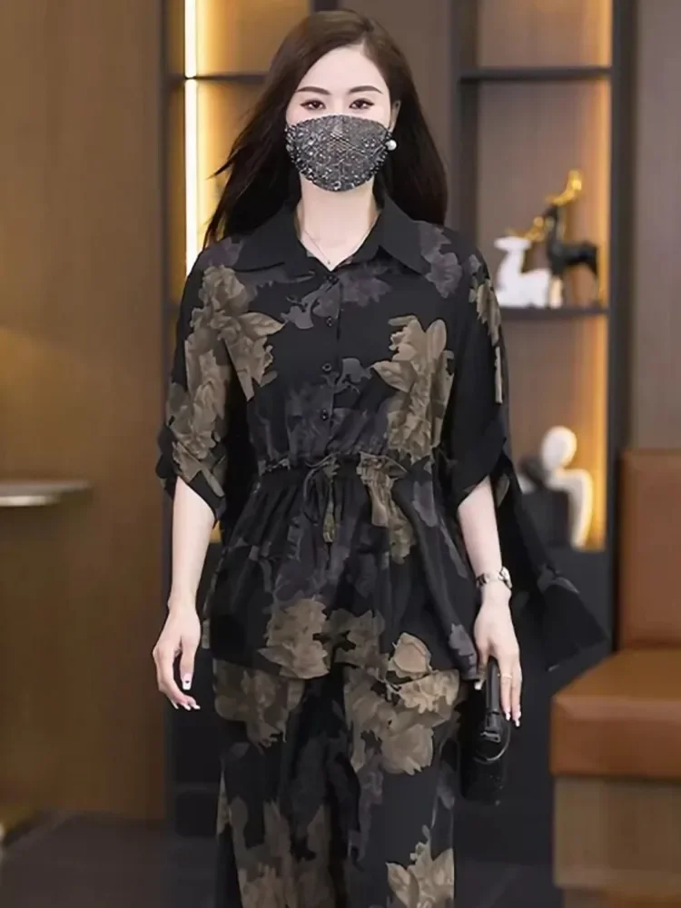 FADFAD Setelan wanita atasan berkerah lengan model kelelawar dengan celana panjang motif bunga