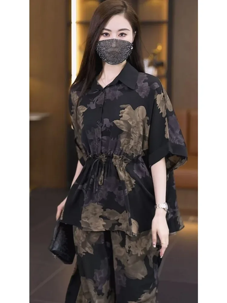 FADFAD Setelan wanita atasan berkerah lengan model kelelawar dengan celana panjang motif bunga