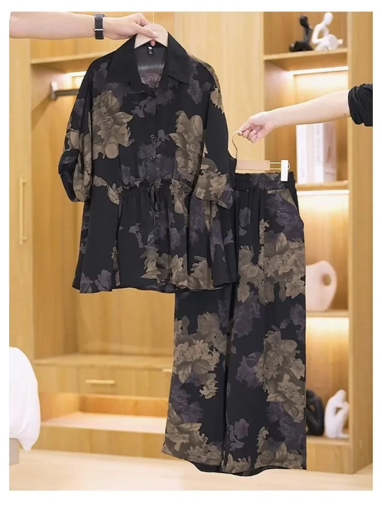 FADFAD Setelan wanita atasan berkerah lengan model kelelawar dengan celana panjang motif bunga