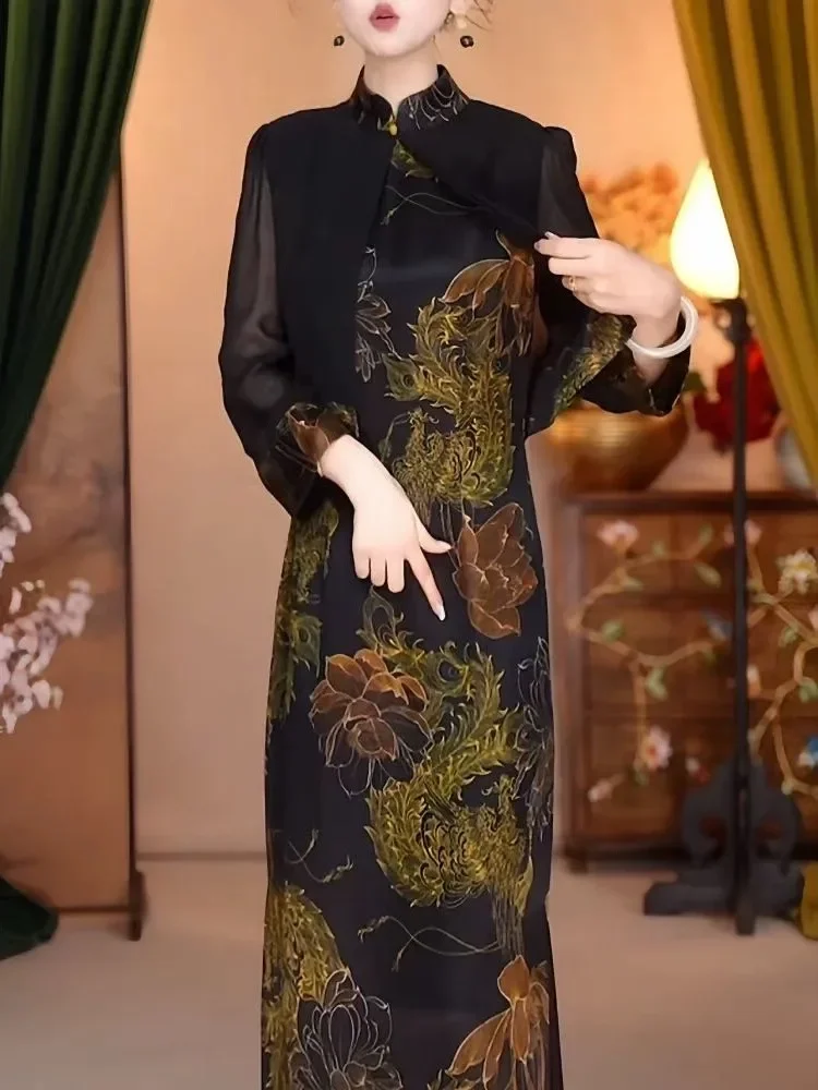 FADFAD Gaun maxi model dua potong dengan motif cetak elegant gaya retro