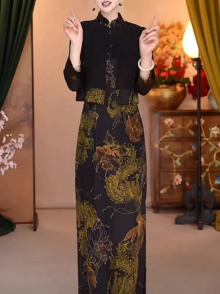 FADFAD Gaun maxi model dua potong dengan motif cetak elegant gaya retro