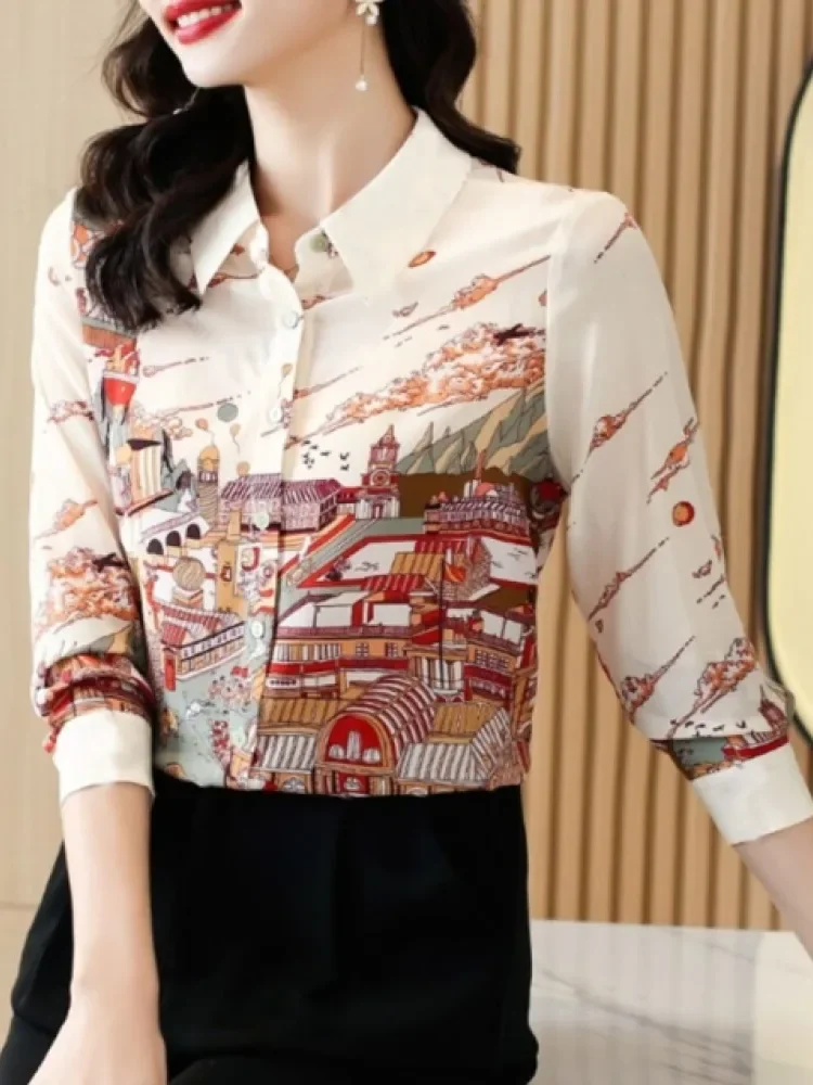 FADFAD Kemeja wanita lengan panjang dengan kerah polo motif cetak terbaru gaya kasual