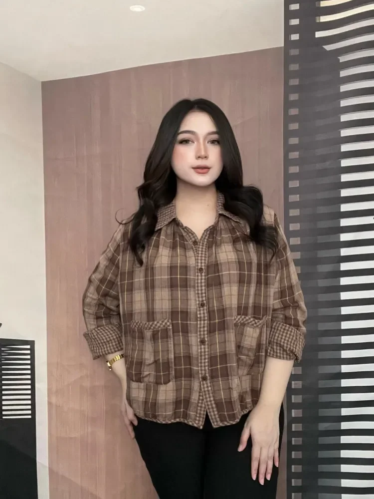 [DISKON KILAT]FADFAD Atasan kemeja motif kotak kotak variasi saku unik model baru berlengan panjang