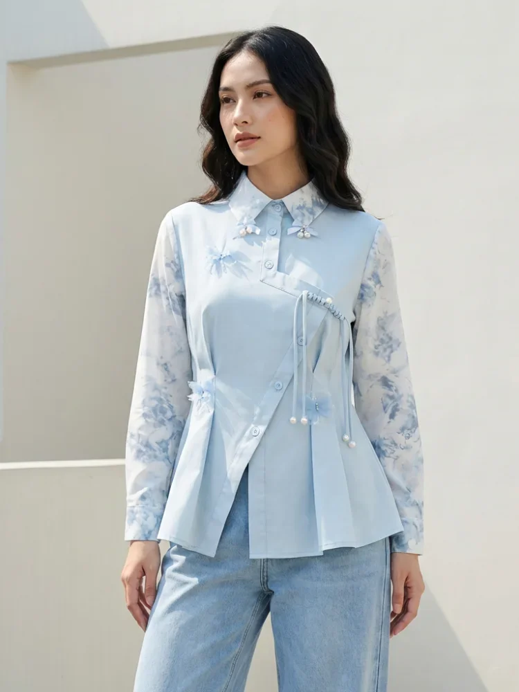 FADFAD Atasan kemeja longgar desain tidak beraturan lengan panjang kerah polo warna kontras untuk wanita gaya modis