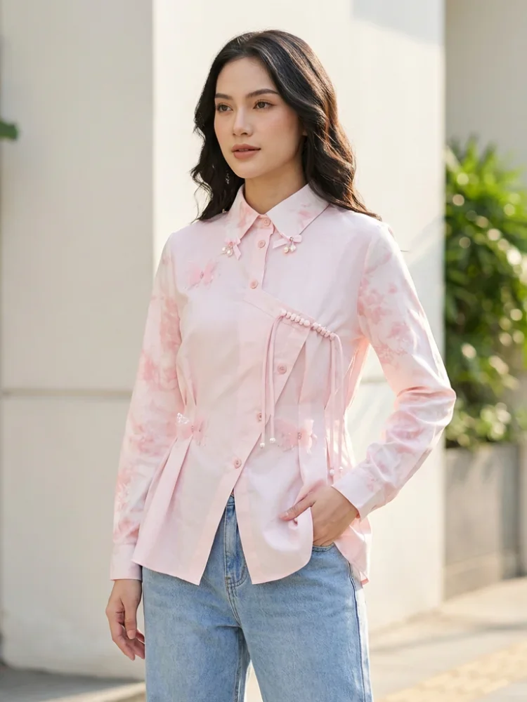 FADFAD Atasan kemeja longgar desain tidak beraturan lengan panjang kerah polo warna kontras untuk wanita gaya modis