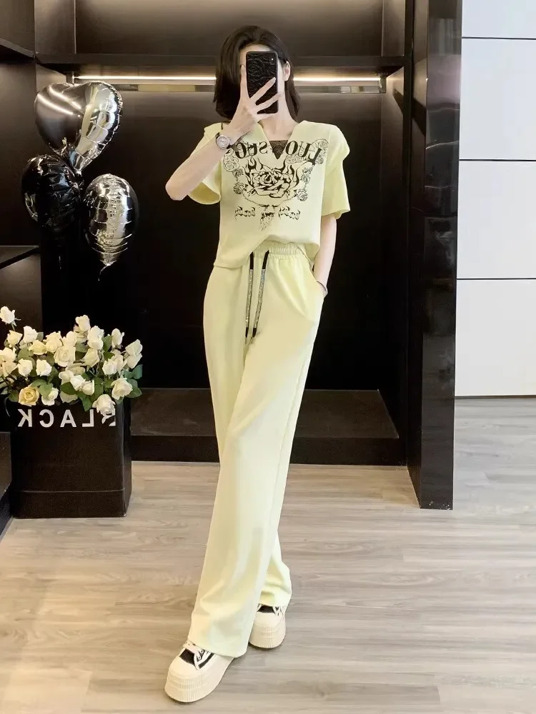 FADFAD Setelan gaya elegan polos lengan pendek dengan celana model kaki lurus untuk wanita