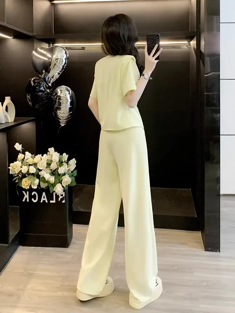 FADFAD Setelan gaya elegan polos lengan pendek dengan celana model kaki lurus untuk wanita