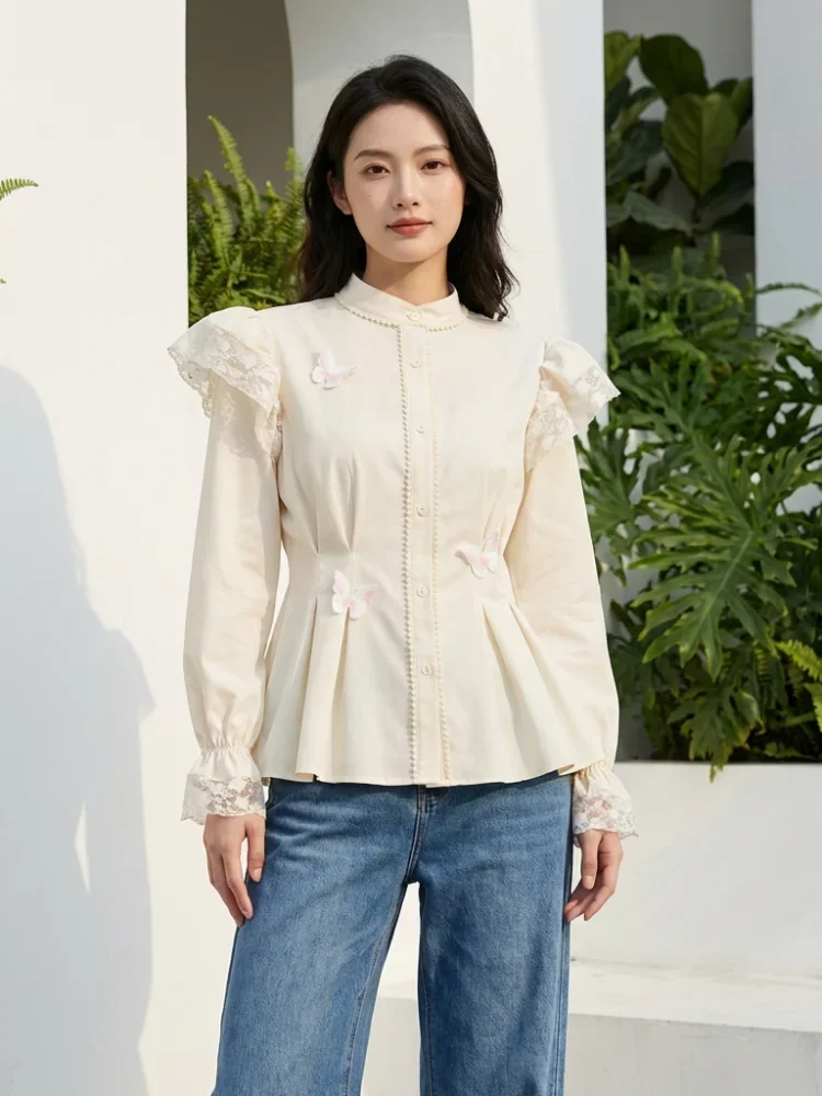 FADFAD Wanita longgar daun tepi lengan panjang top
