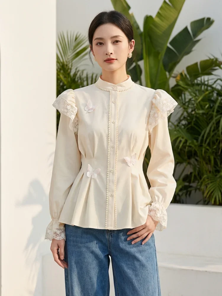FADFAD Wanita longgar daun tepi lengan panjang top