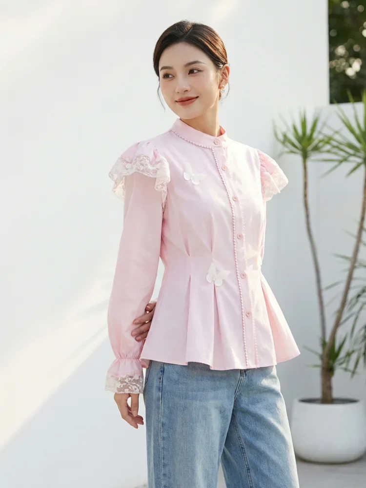 FADFAD Wanita longgar daun tepi lengan panjang top