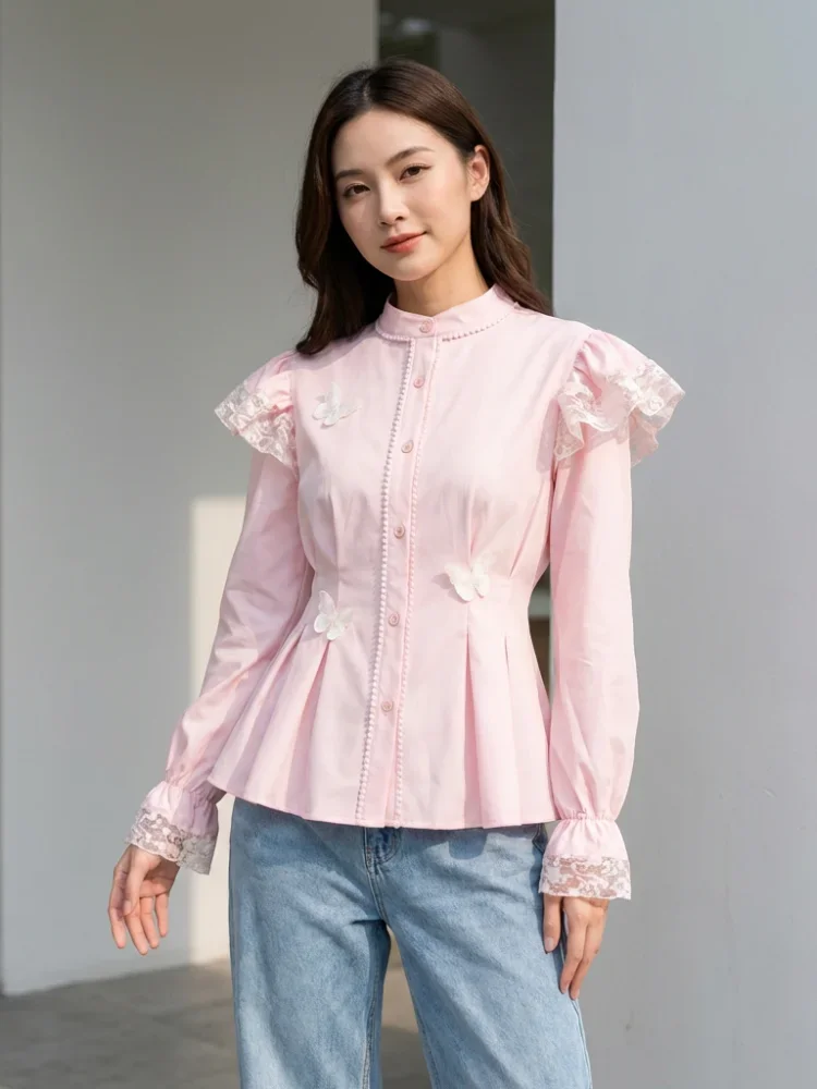 FADFAD Wanita longgar daun tepi lengan panjang top
