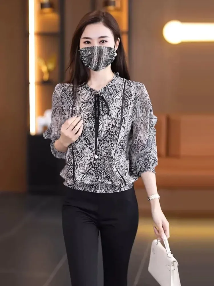 FADFAD Atasan blouse motif cetak gaya retro kerah bulat detail tali pita baru