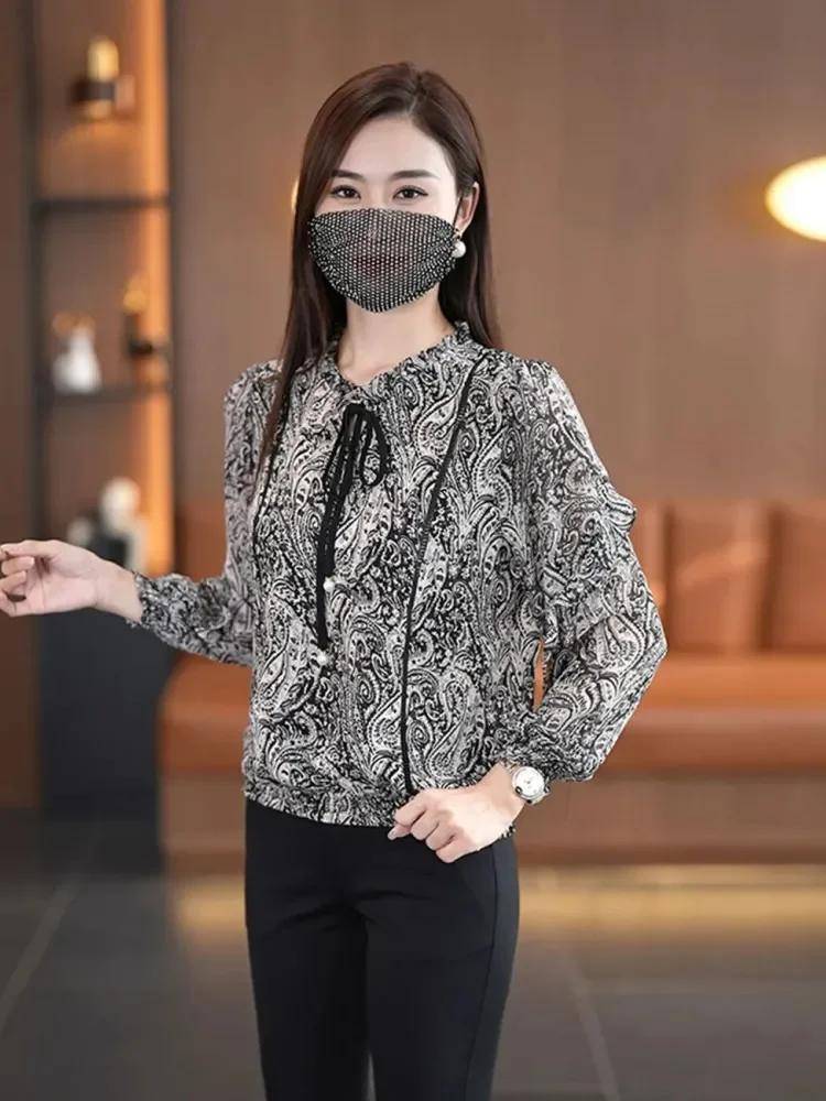 FADFAD Atasan blouse motif cetak gaya retro kerah bulat detail tali pita baru