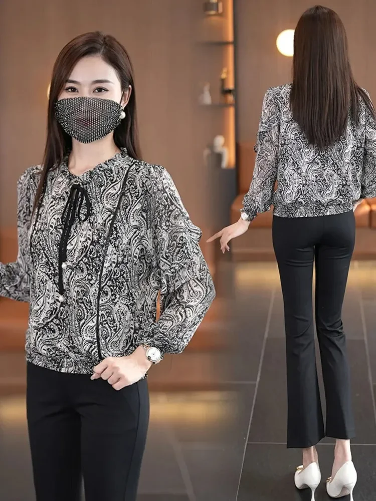 FADFAD Atasan blouse motif cetak gaya retro kerah bulat detail tali pita baru