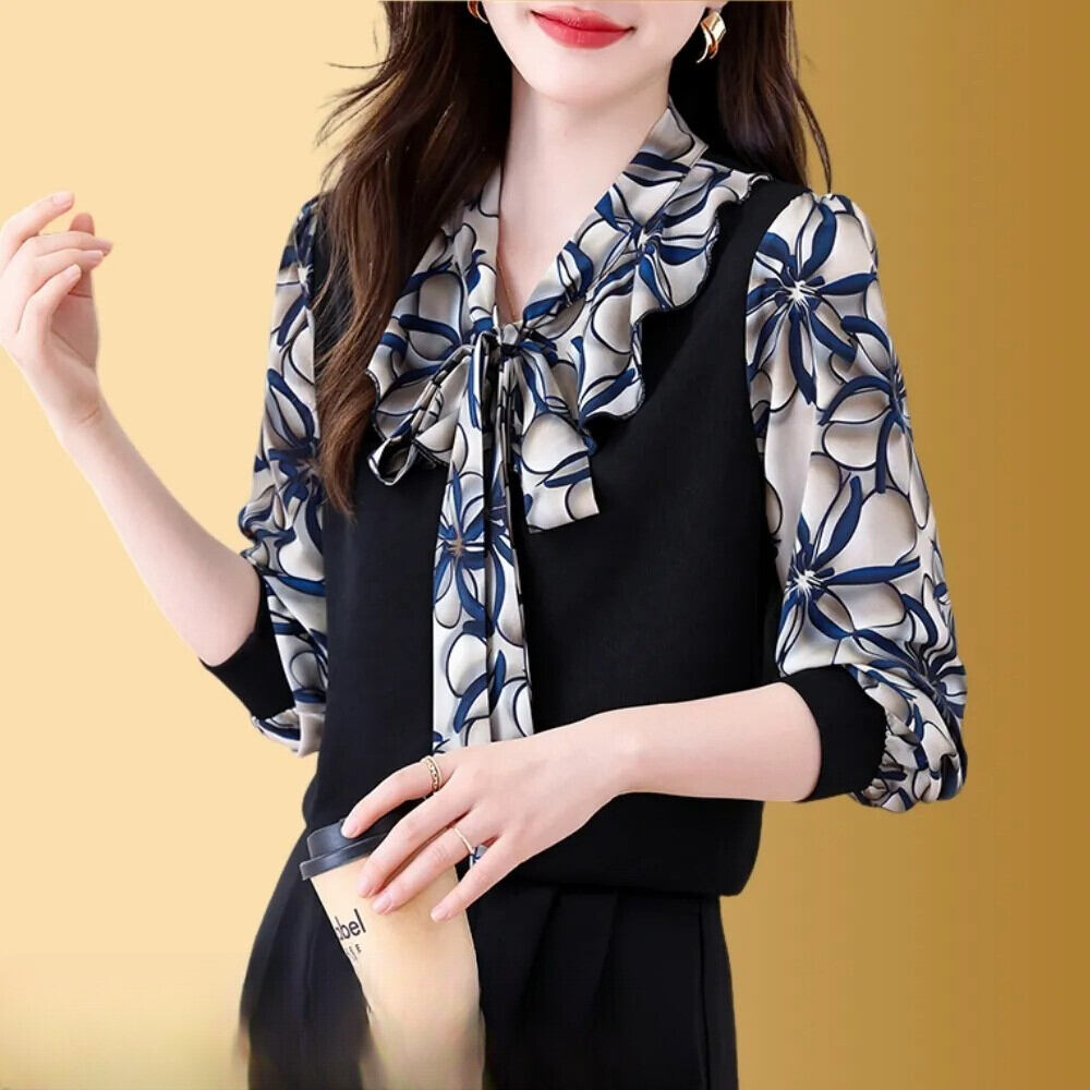 FADFAD Atasan wanita lengan panjang dengan kerah tie neck motif cetak kombinasi