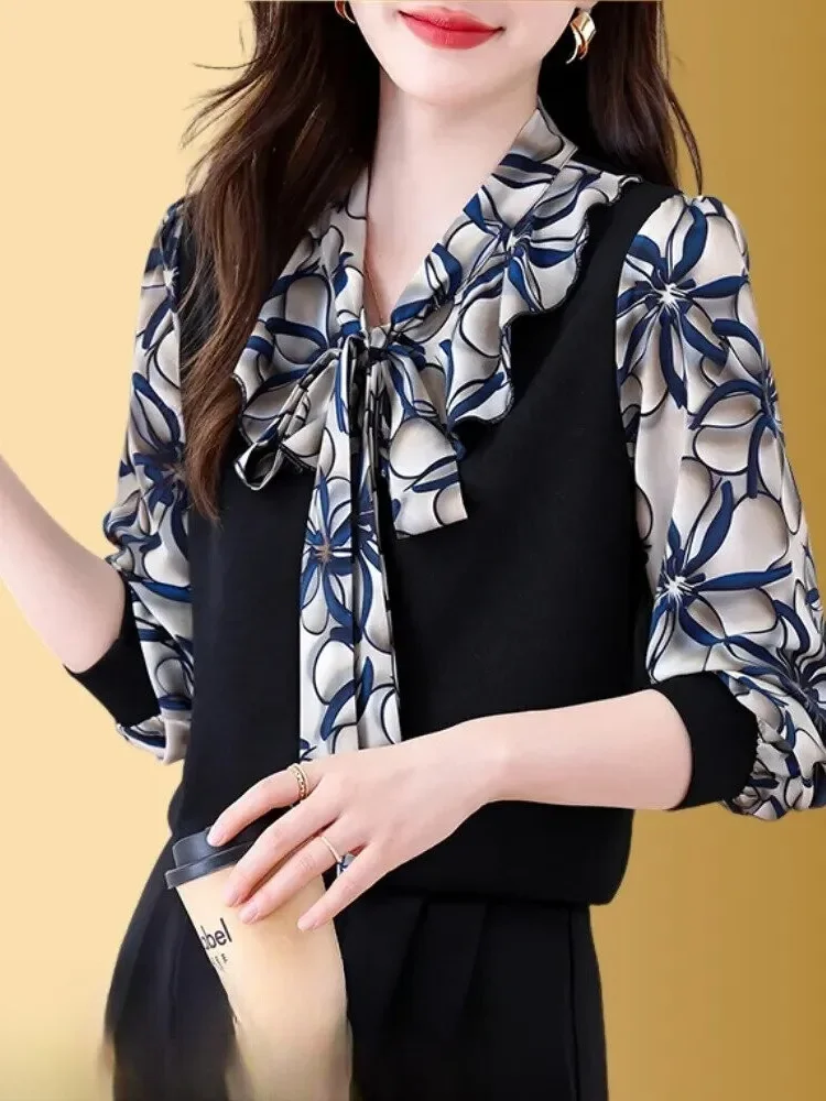 FADFAD Atasan wanita lengan panjang dengan kerah tie neck motif cetak kombinasi