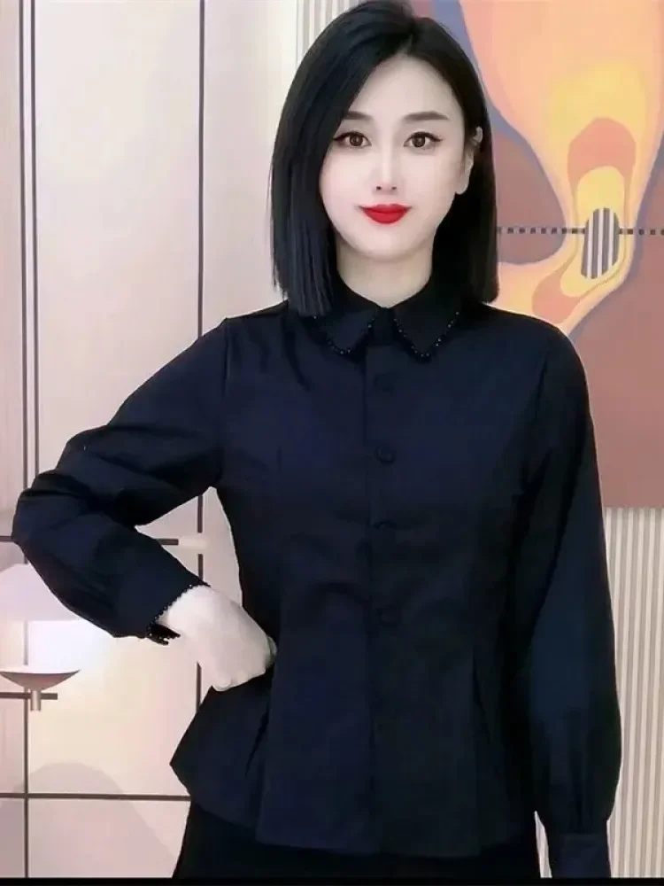 FADFAD Kemeja warna solid wanita tempramen dengan kancing aktif sebaris
