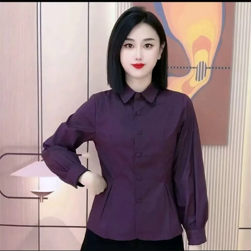 FADFAD Kemeja warna solid wanita tempramen dengan kancing aktif sebaris