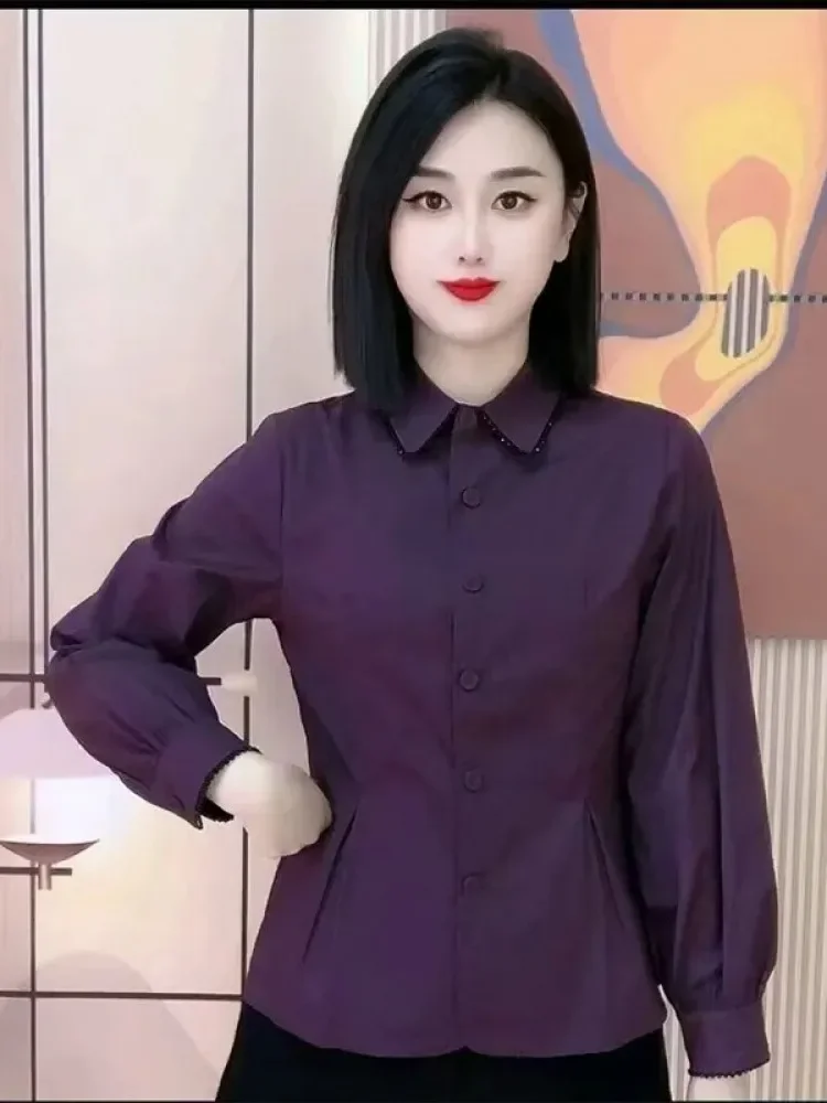 FADFAD Kemeja warna solid wanita tempramen dengan kancing aktif sebaris