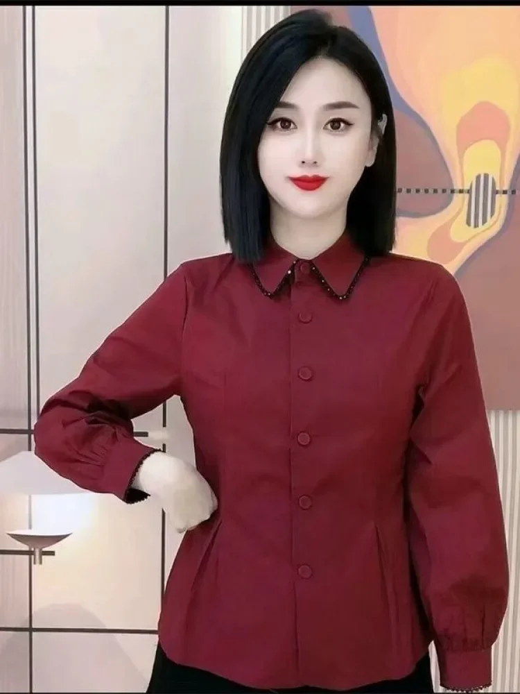 FADFAD Kemeja warna solid wanita tempramen dengan kancing aktif sebaris