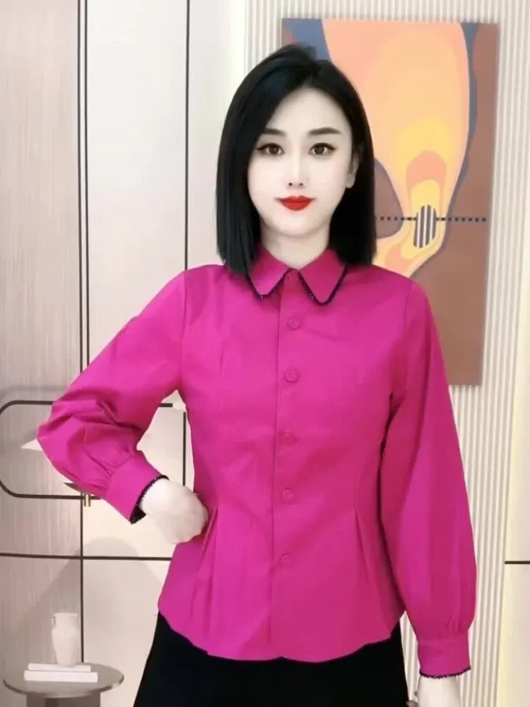 FADFAD Kemeja warna solid wanita tempramen dengan kancing aktif sebaris