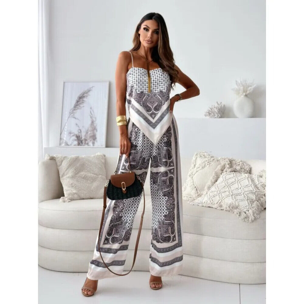 FADFAD Setelan wanita motif cetak atasan model strappy dan celana panjang longgar