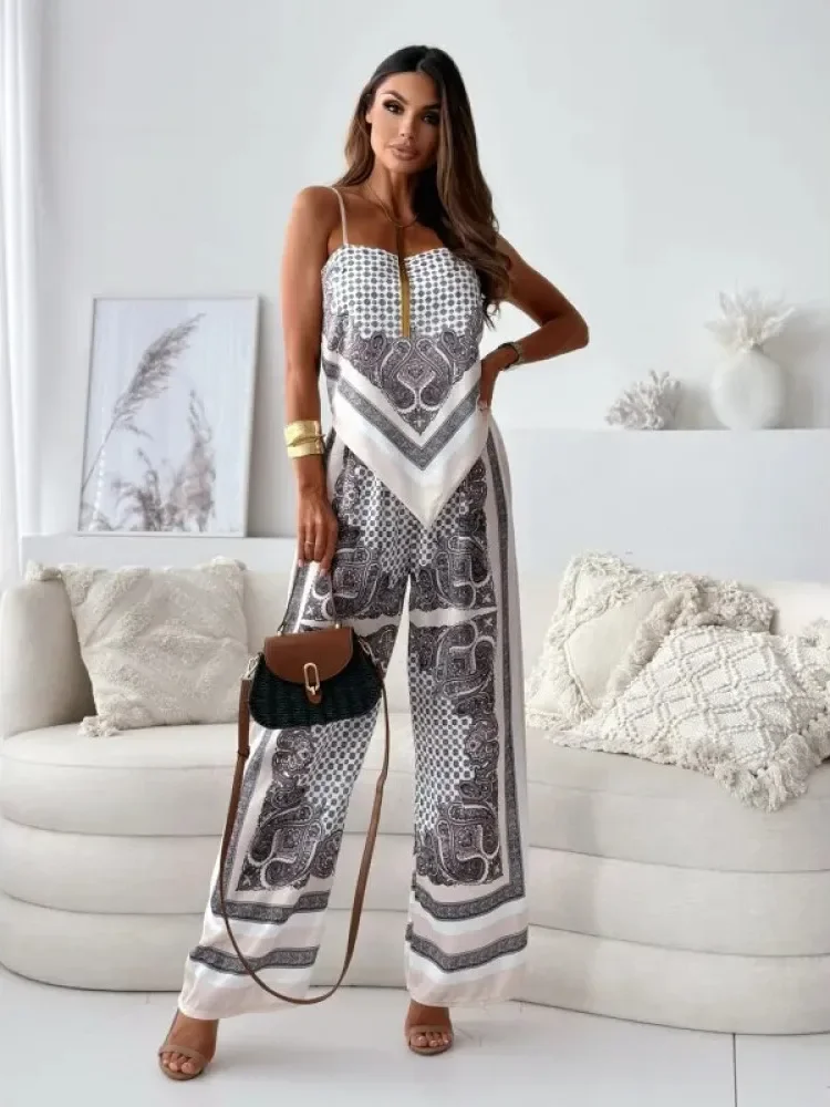 FADFAD Setelan wanita motif cetak atasan model strappy dan celana panjang longgar