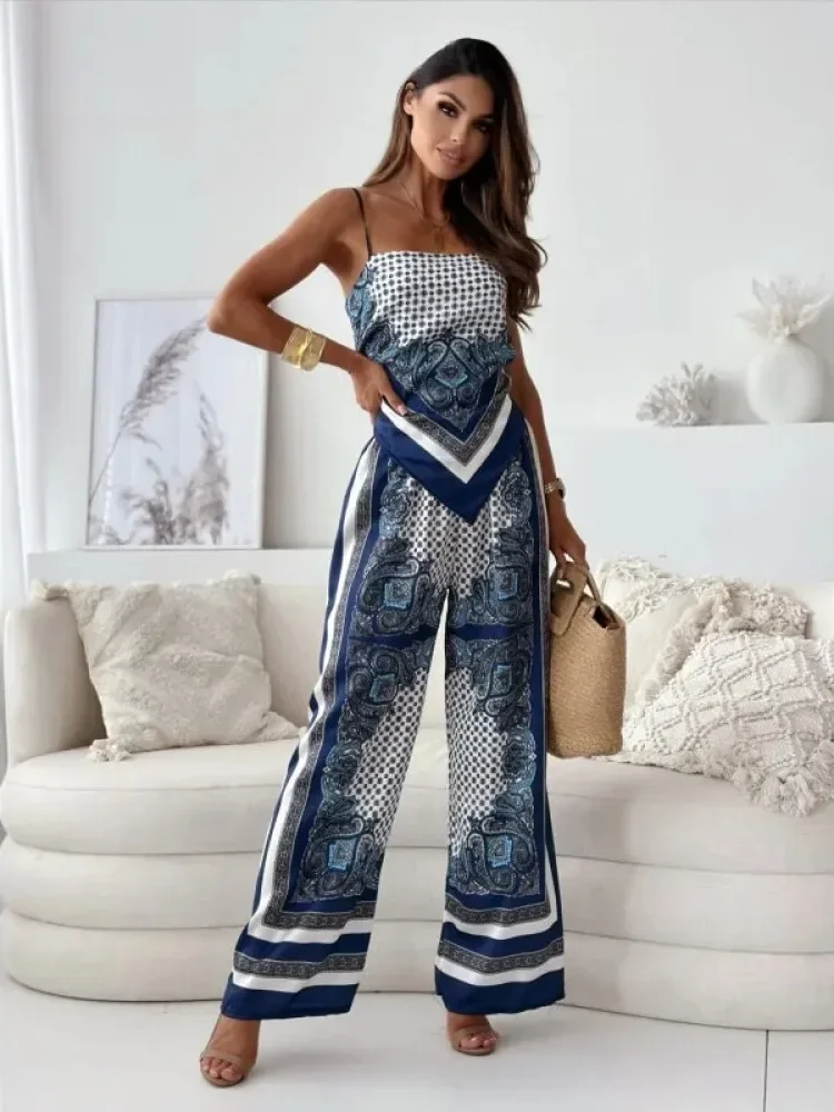 FADFAD Setelan wanita motif cetak atasan model strappy dan celana panjang longgar