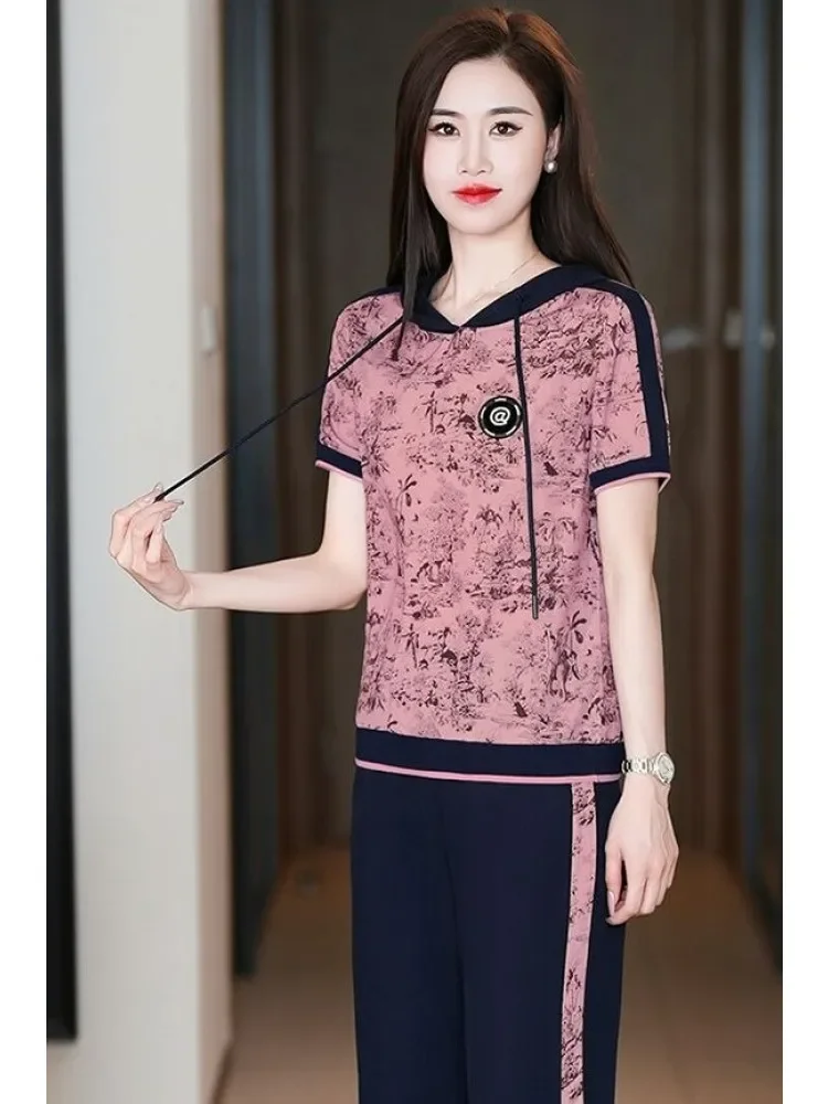 FADFAD Setelan dua potong atasan motif cetak lengan pendek dan celana wanita